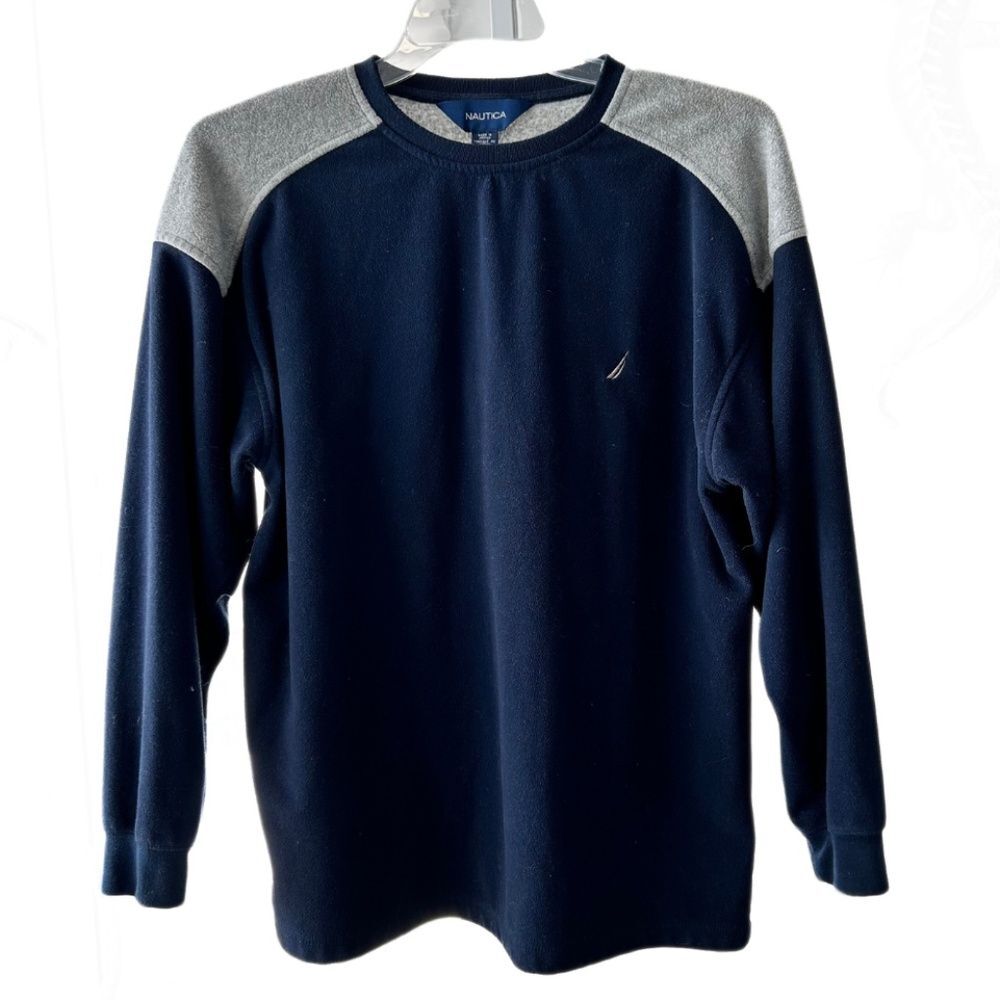 Nautica Pullover Fleece Crew Neck Blue Gray Long Sleeve Sweater Men’s Sz L